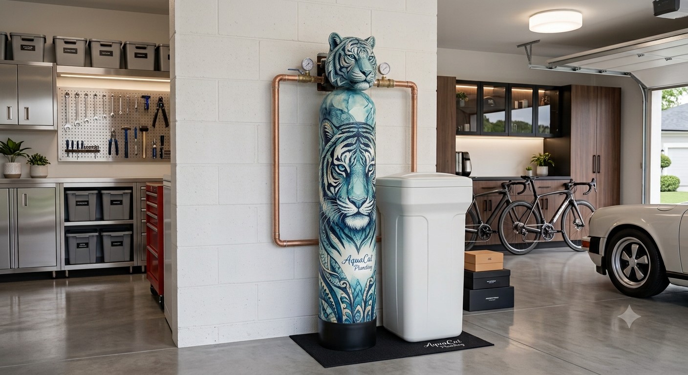 Aqua Cat Tiger water softener with a custom-painted blue tiger design, installed in a Prescott garage