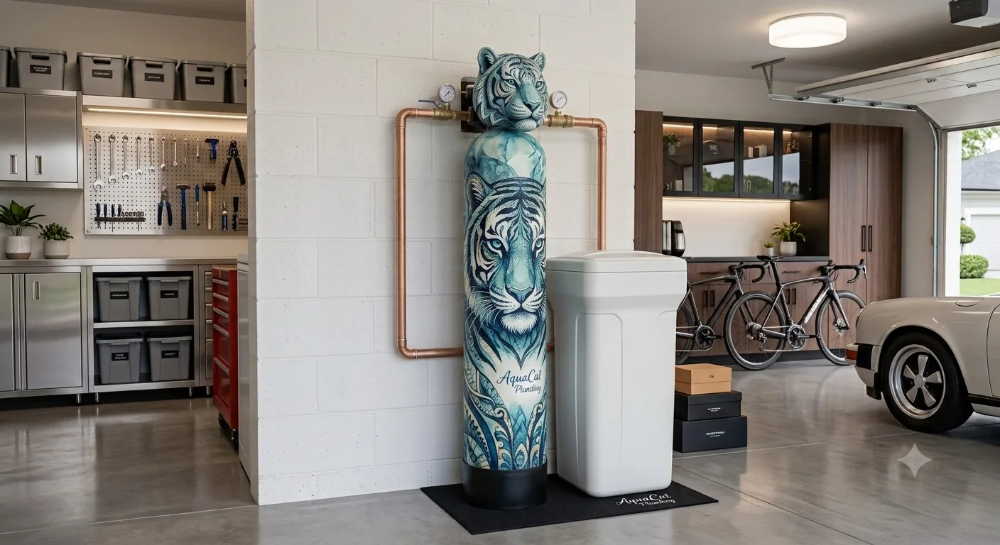 Aqua Cat Tiger water softener with a custom-painted blue tiger design, installed in a Prescott garage