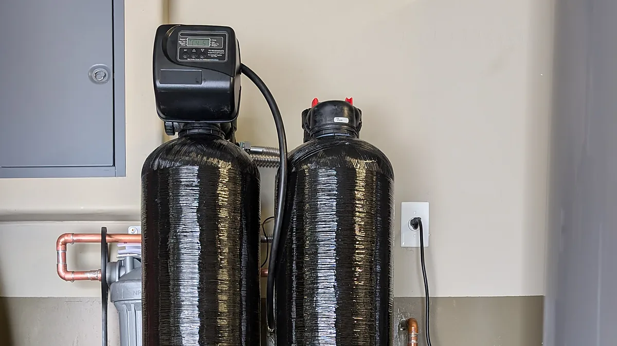Two-tank whole-house water treatment system with an electronic control valve and sediment pre-filter, garage installation